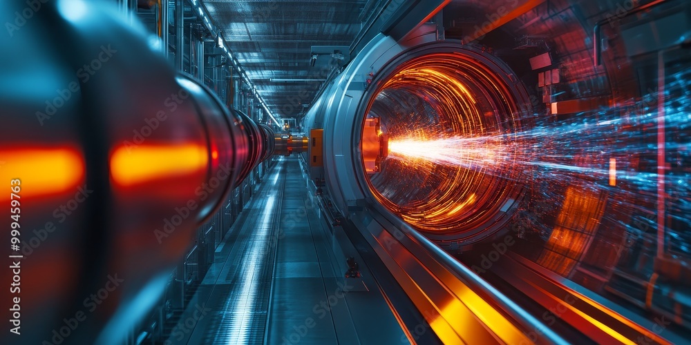 Poster a particle accelerators beamline, with charged particles moving at near-light speed toward collision.
