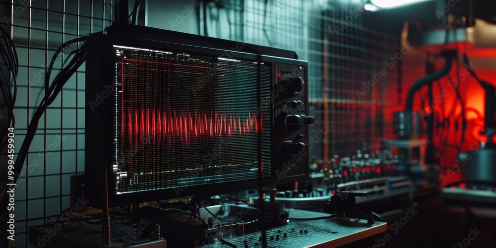 Poster a faraday cage blocking electromagnetic waves, with an oscilloscope showing no signals inside.