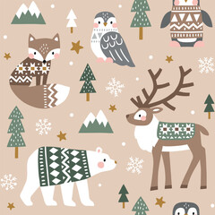 Seamless vector pattern with cute polar animals. Reindeer, fox, owl, bear and penguin. Nordic forest illustration. EPS 10 vector file. Perfect for textile, wallpaper or nursery print design.