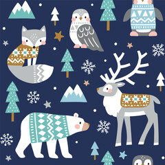 Seamless vector pattern with cute polar animals. Reindeer, fox, owl, bear and penguin. Nordic forest illustration. EPS 10 vector file. Perfect for textile, wallpaper or nursery print design.