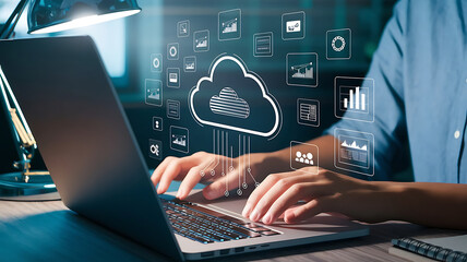 person typing on a laptop, with a digital cloud hovering above the keyboard, cloud computing, cloud storage, cloud technology,  virtualization, SaaS, PaaS, IaaS, 
