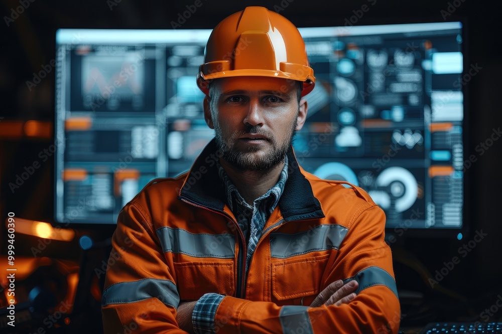 Poster A worker in a hard hat stands in front of a computer screen with a speech bubble above his head, black background.