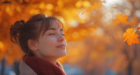 Fototapeta premium A woman standing in the middle of a city park, surrounded by the vibrant colors of autumn, her face glowing with a sense of peace.