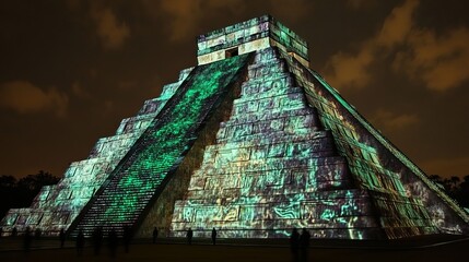 Illuminated pyramid at Chichen Itza during a vibrant light show at night