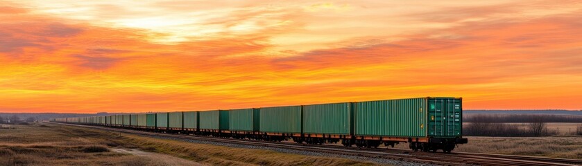 Obraz premium A green freight train travels across a vast landscape under a stunning sunset, showcasing vibrant orange and purple hues.