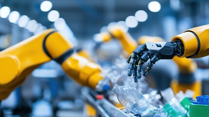 Robotic arm sorting plastic waste in a recycling facility, modern technology in use.