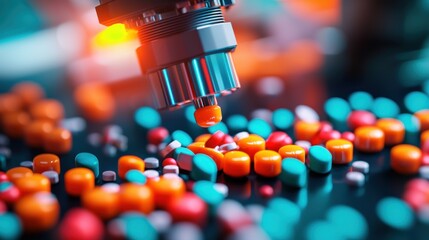 Robotic arm sorting colorful pills on a surface, modern pharmaceutical technology.