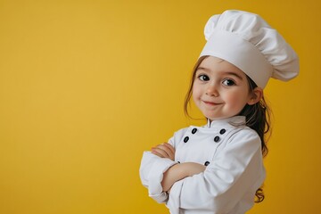 A cheerful child dressed in a chef's uniform, smiling and exuding confidence against a vibrant yellow background.