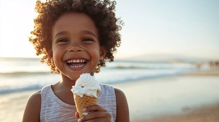 A joyful child enjoying ice cream on the beach, with a bright smile and ocean waves in the background during sunset.