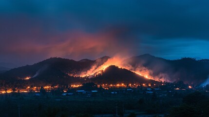 Fototapeta premium A dramatic landscape of burning hills under a darkening sky, showcasing the intensity of a wildfire at dusk.