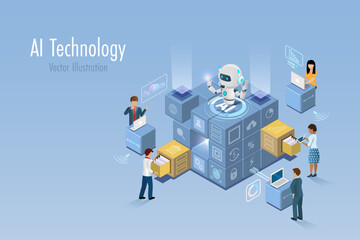 Business team with AI robot search data in block chain technology. Artificial intelligence with searching and security system, smart search engine. Implement of robotic research in global business.
