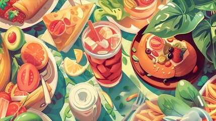 Tropical fruit feast with watermelon, citrus, and refreshing drinks, inspired by summer beach vibes