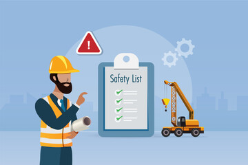 Industrial engineering worker pointing at safety first check list, remind for safety regulations in workplace and construction site to prevent from accident. Vector.