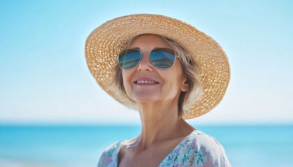 Happy woman enjoying a sunny day at the beach, wearing a straw hat and sunglasses, with a vibrant ocean background.