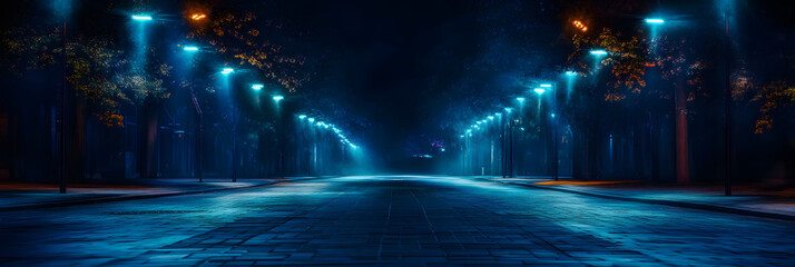 Dark night scene, street with spotlights, neon.
