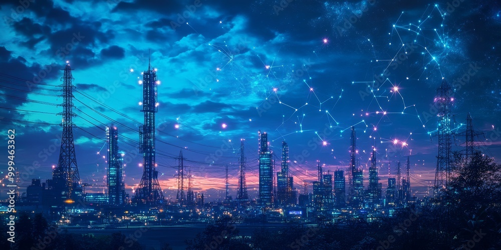 Poster high-tech urban environment with interconnected towers, automated systems, and dynamic energy grids,