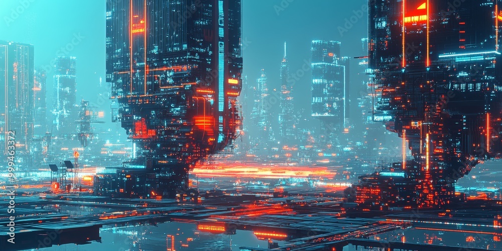 Poster high-tech urban environment with interconnected towers, automated systems, and dynamic energy grids,