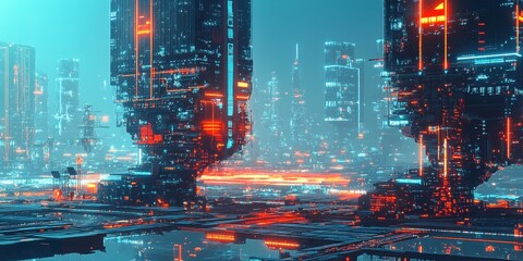 Fototapeta premium High-tech urban environment with interconnected towers, automated systems, and dynamic energy grids, glowing under a neon-lit sky.
