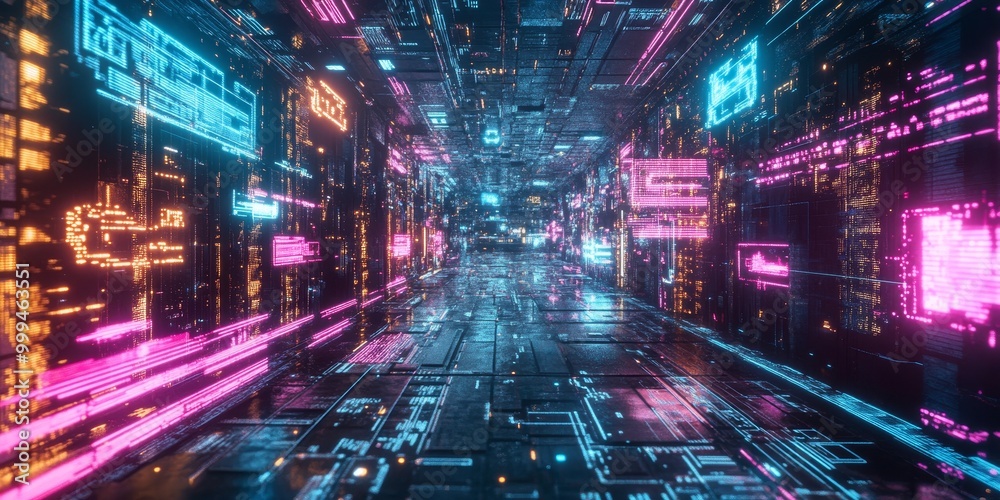 Poster A detailed view of machine learning algorithms visualized as neon-lit data patterns in a futuristic cyberpunk environment.