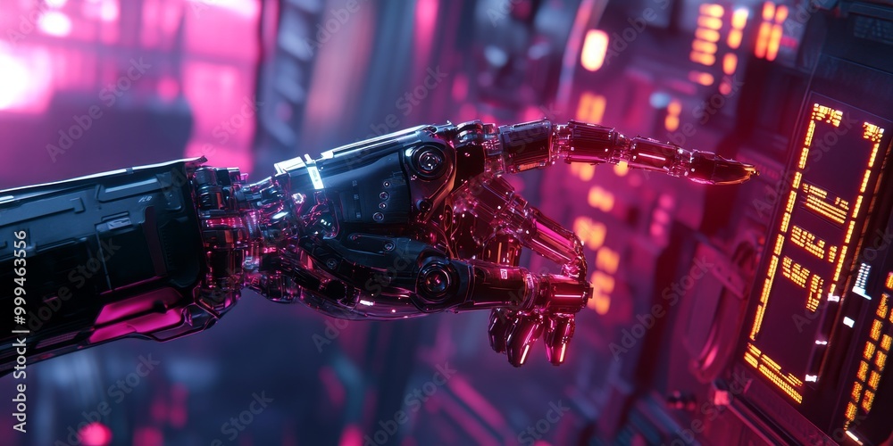 Poster a cyberpunk robotic arm performing a task, with glowing neon circuits, advanced mechanics, and a hig
