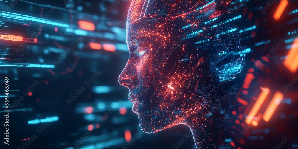 Poster A futuristic visualization of machine learning in a cyberpunk world, showcasing intricate data patterns, glowing neural networks, and advanced tech interfaces.