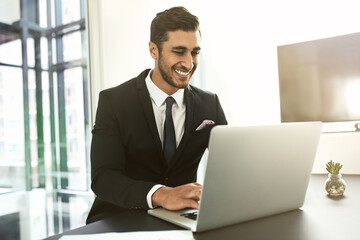Corporate, laptop and research with business man for policy, finance regulations and compliance...