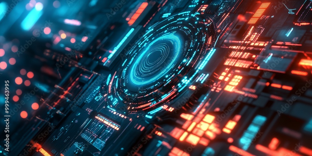 Poster A detailed view of a cyberpunk-inspired AI interaction, featuring advanced holograms, glowing circuits, and a sleek high-tech environment.