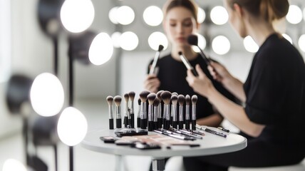 A professional makeup session capturing artists applying makeup with brushes in a well-lit studio environment.