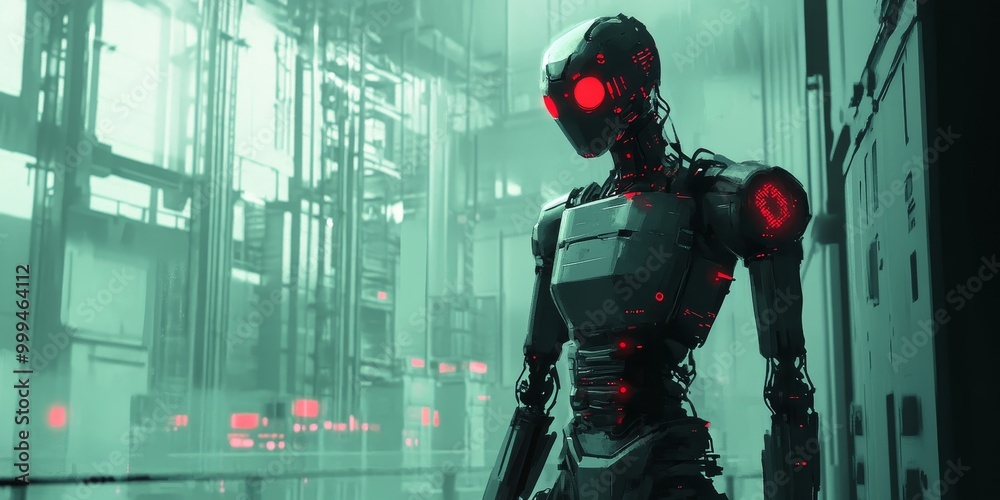 Poster a high-tech industrial robot in a cyberpunk world, showcasing advanced mechanics, glowing circuits, 