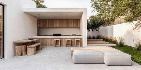 Modern outdoor kitchen design featuring wood accents and sleek seating in a serene garden setting during the daytime