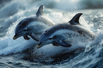 Obraz premium Dolphins Leaping Out of the Water on Large Ocean Waves