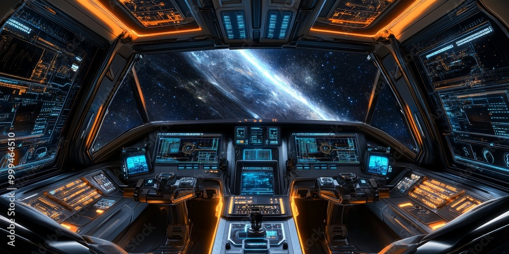 Poster detailed view of a futuristic spacecraft's cockpit, with digital displays, advanced controls, and a 