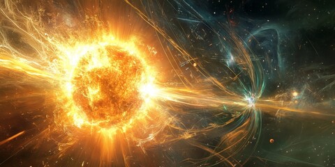 A technological depiction of a solar flare, with detailed data analysis overlays and energy pulses emanating from the sun.