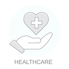 Obraz premium Vector icon for Healthcare. Hand holding a heart symbol with a cross to represent medical services and health support.