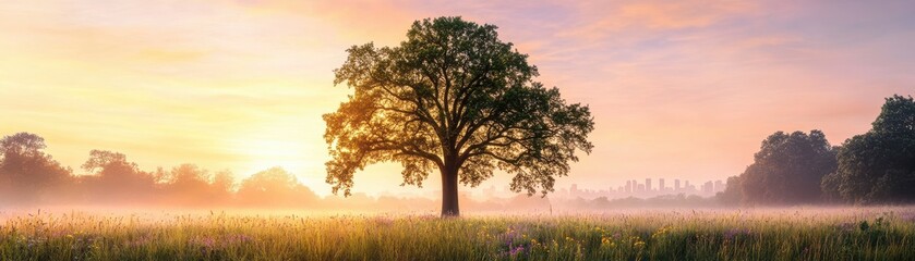Obraz premium A serene landscape featuring a solitary tree at sunrise, surrounded by mist and gentle light, perfect for nature lovers.