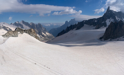 Amazing view to the glaciers of the Mont Blanc Mer de glace - Vall&eacute;e Blanche from Punta Helbronner. Melting of glaciers due to global warming. Wonderful landscape. Global climate change. Summer time