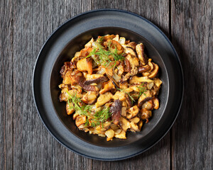 fried blend of wild mushrooms in a bowl