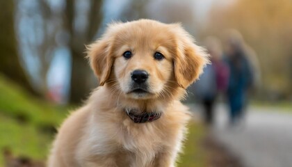 Isolated golden retriever puppy with depth of field showcasing fluffy fur and playful expression