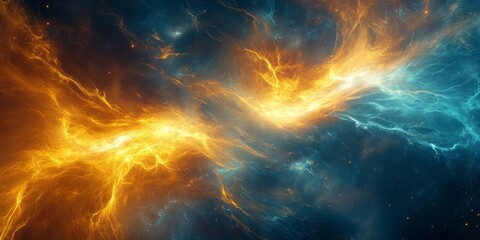 Obraz premium A futuristic interpretation of a cosmic storm, with digital lightning and data streams flashing across a vivid, swirling cosmic landscape.