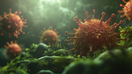 Fototapeta premium Microscopic View of Coronavirus on Moss
