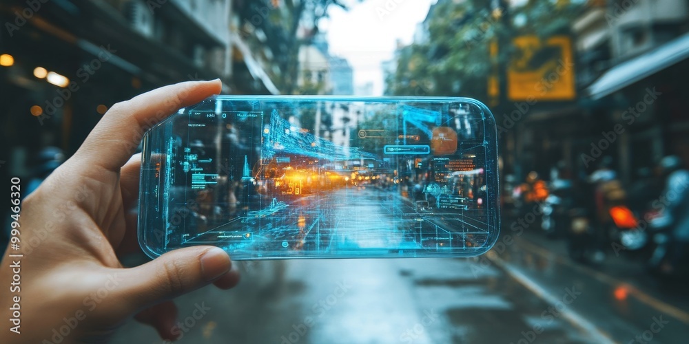Aufkleber Focused image of a handheld AR device displaying interactive 3D content over real surroundings, highlighting portable augmented reality technology.