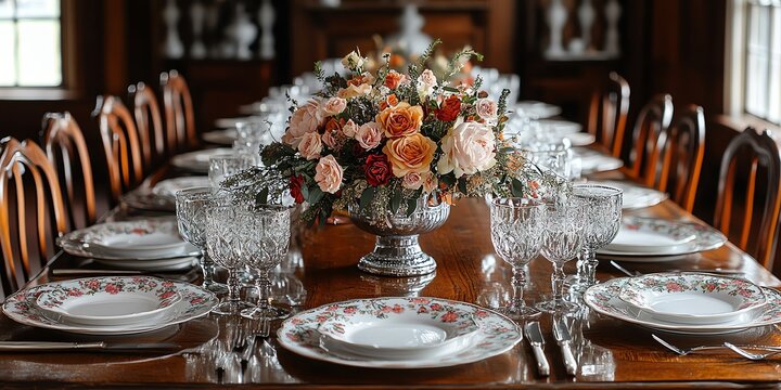 A rustic wooden table is set for a formal dinner party, with elegant china, silverware, and a beautiful floral centerpiece.