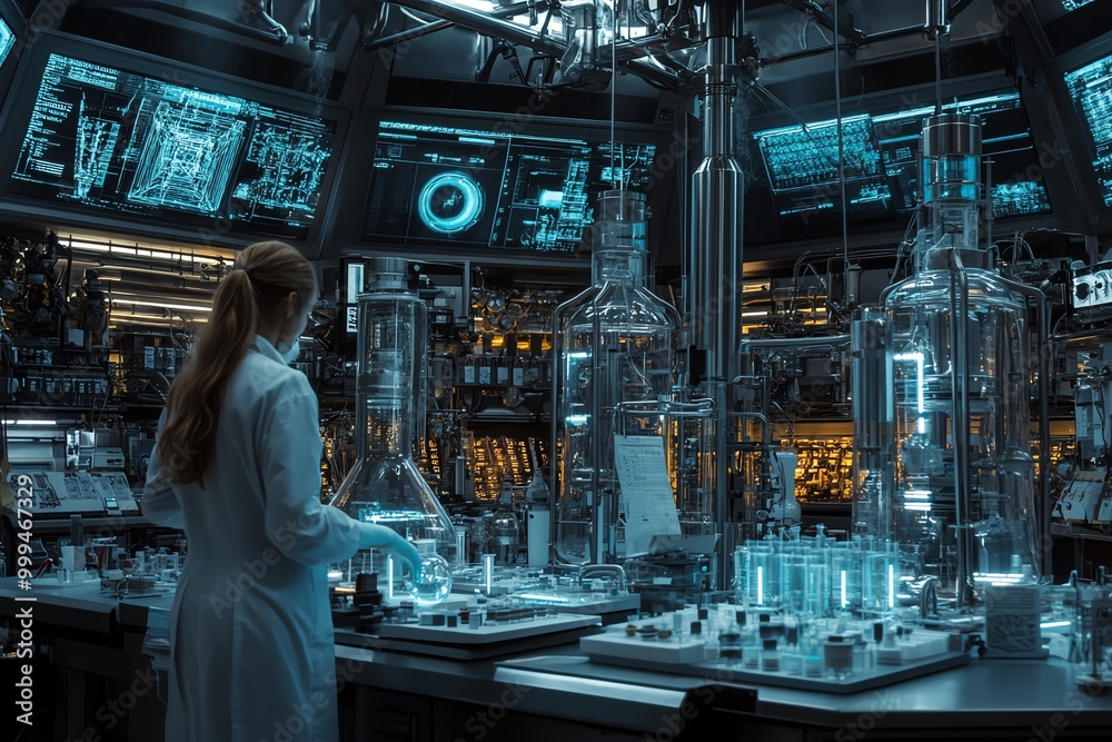 Poster A scientist in a lab coat works with glass beakers in a futuristic lab. There are many monitors displaying blue data and code, as well as various beakers and glass tubes.