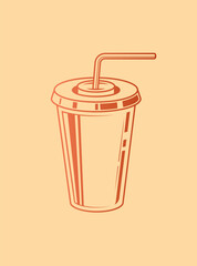 Fast food plastic cup with straw. Hot or cold drink. Original vector illustration in vintage style.