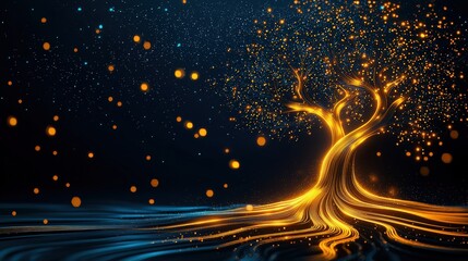 Glowing Tree with Shimmering Particles in Dark Background