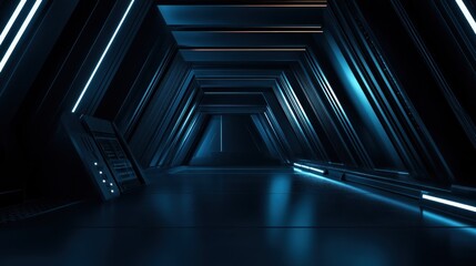 Abstract futuristic corridor with glowing lines and dark walls