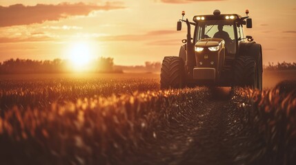 Fototapeta premium Modern Farmer Driving Tractor Through Cornfield at Sunset