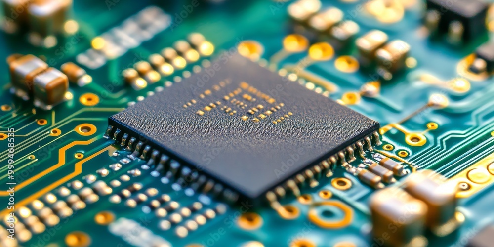 Aufkleber an AR processor chip, showcasing complex circuitry and powerful computing for real-time augmented reality experiences.
