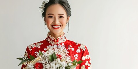 Happy bride in traditional red dress with floral patterns holdin