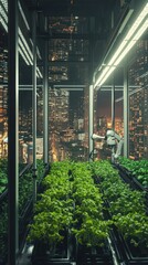 Fototapeta premium Vertical Futuristic Farm in City Skyscraper at Night